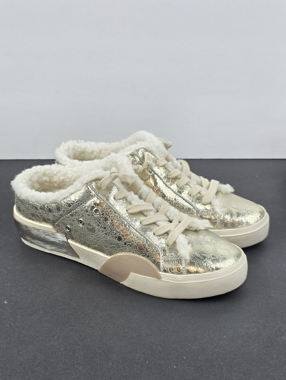 Dolce Vita Zantel Sherpa Mule Sneakers Size 6 Gold Silver Cracked Leather NWT
